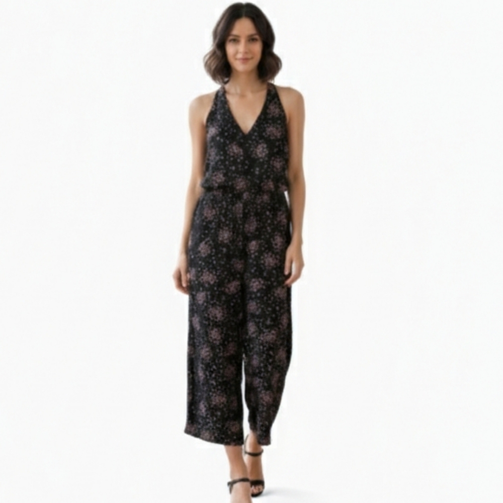 LOFT Black Loose Fitting Jumpsuit with Pink And White Floral Women's Size Small
